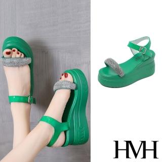 【HMH】坡跟涼鞋 厚底涼鞋 一字涼鞋/閃耀一字鑽帶造型坡跟厚底涼鞋(綠)
