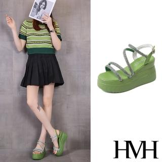 【HMH】坡跟涼鞋 厚底涼鞋 Z字涼鞋/華麗閃耀Z字鑽帶造型坡跟厚底涼鞋(綠)
