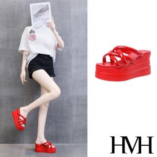 【HMH】坡跟拖鞋 厚底拖鞋 交叉拖鞋/立體交叉編織線條造型坡跟厚底拖鞋(紅)