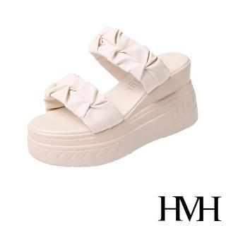【HMH】坡跟拖鞋 厚底拖鞋 一字拖鞋/寬版緞面抓褶一字帶造型坡跟厚底拖鞋(米)