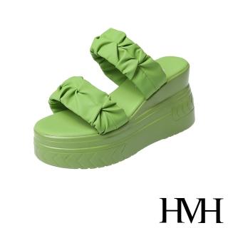 【HMH】坡跟拖鞋 厚底拖鞋 一字拖鞋/寬版緞面抓褶一字帶造型坡跟厚底拖鞋(綠)