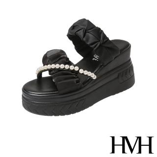 【HMH】坡跟拖鞋 厚底拖鞋 交叉拖鞋/氣質緞面抓褶珍珠交叉帶造型厚底坡跟拖鞋(黑)