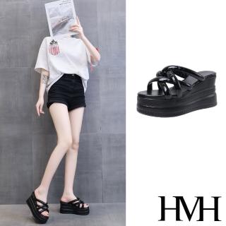 【HMH】坡跟拖鞋 厚底拖鞋 交叉拖鞋/立體交叉編織線條造型坡跟厚底拖鞋(黑)
