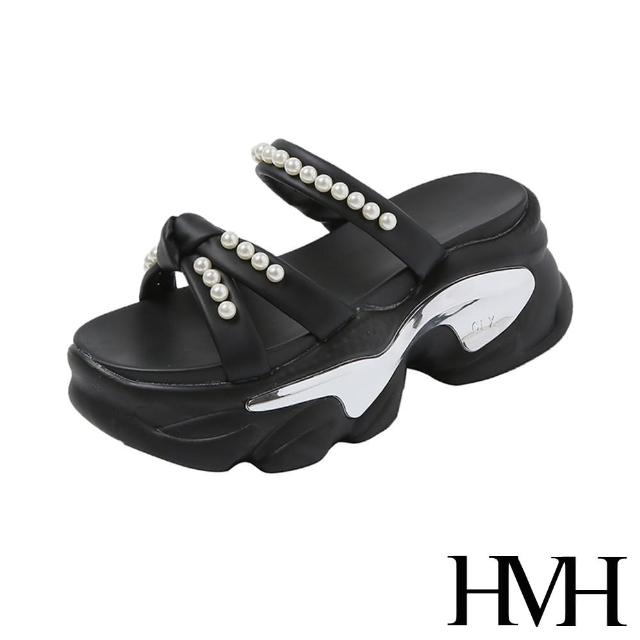 【HMH】厚底拖鞋 蝴蝶結拖鞋/甜美珍珠蝴蝶結造型厚底拖鞋(黑)