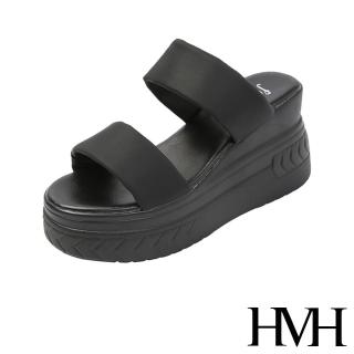 【HMH】坡跟拖鞋 厚底拖鞋 一字拖鞋/百搭經典寬版一字帶造型厚底坡跟拖鞋(黑)