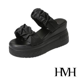 【HMH】坡跟拖鞋 厚底拖鞋 一字拖鞋/寬版緞面抓褶一字帶造型坡跟厚底拖鞋(黑)