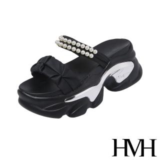 【HMH】坡跟拖鞋 厚底拖鞋 一字拖鞋/優雅緞面一字帶珍珠鍊帶造型坡跟厚底涼拖鞋(黑)