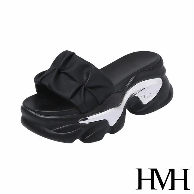 【HMH】厚底拖鞋 一片拖鞋/優雅緞面抓褶一片造型厚底拖鞋(黑)