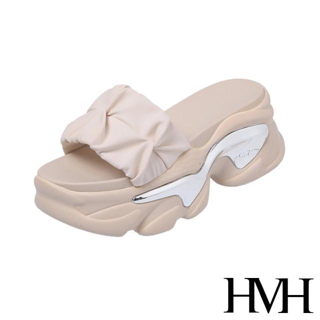 【HMH】厚底拖鞋 一片拖鞋/優雅緞面抓褶一片造型厚底拖鞋(米)