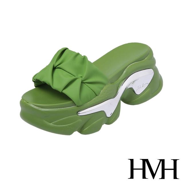 【HMH】厚底拖鞋 一片拖鞋/優雅緞面抓褶一片造型厚底拖鞋(綠)