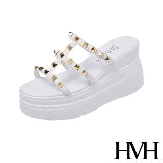 【HMH】坡跟拖鞋 厚底拖鞋 縷空拖鞋/時尚鉚釘縷空線條坡跟厚底拖鞋(白)