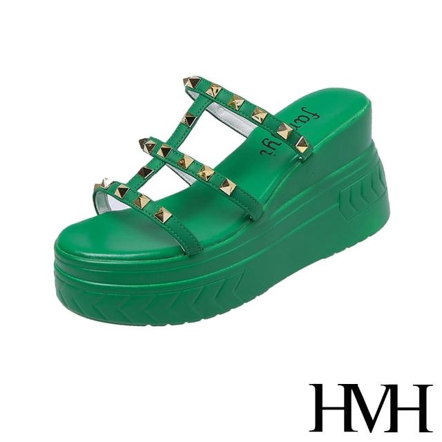 【HMH】坡跟拖鞋 厚底拖鞋 縷空拖鞋/時尚鉚釘縷空線條坡跟厚底拖鞋(綠)