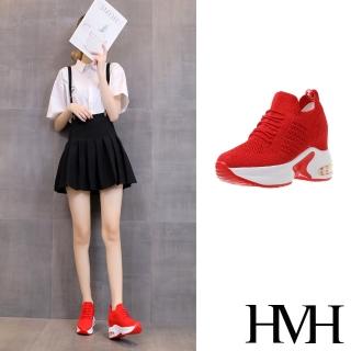 【HMH】厚底休閒鞋 內增高休閒鞋/舒適透氣百搭飛織厚底內增高休閒鞋(紅)