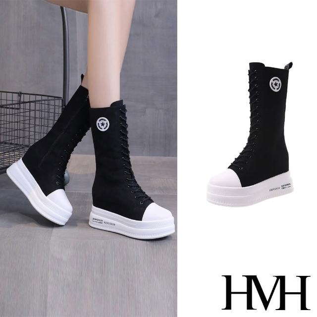 【HMH】厚底中筒靴 內增高中筒靴/素色布面內增高厚底繫帶中筒靴(黑)