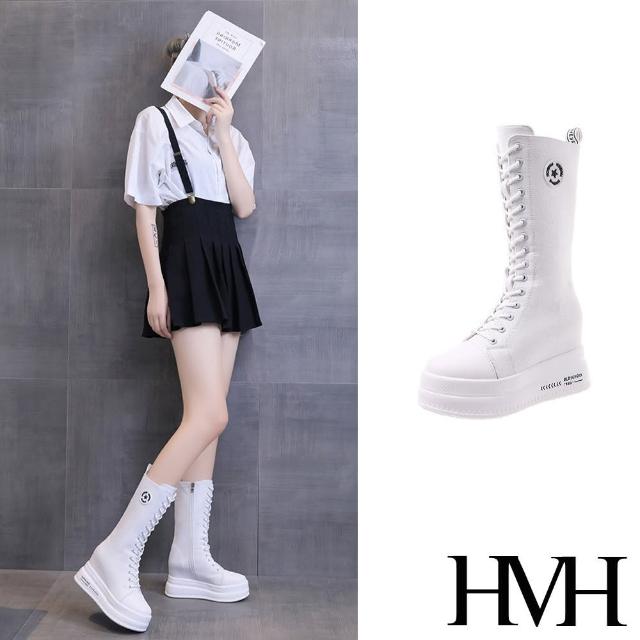 【HMH】厚底中筒靴 內增高中筒靴/素色布面內增高厚底繫帶中筒靴(白)