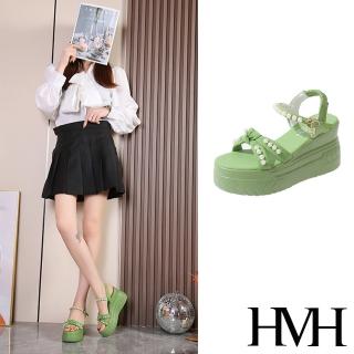【HMH】坡跟涼鞋 厚底涼鞋 蝴蝶結涼鞋/甜美珍珠蝴蝶結造型坡跟厚底涼鞋(綠)
