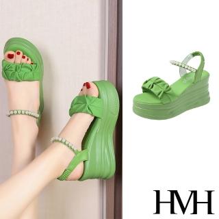 【HMH】厚底涼鞋 一字涼鞋/甜美褶皺一字帶珍珠綴飾造型厚底涼鞋(綠)