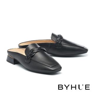 【BYHUE】韓系優雅羊皮麻花編織繫帶軟芯低跟穆勒拖鞋(黑)