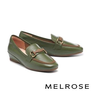 【MELROSE】美樂斯 復古霧感飾釦牛皮樂福楔型低跟鞋(綠)