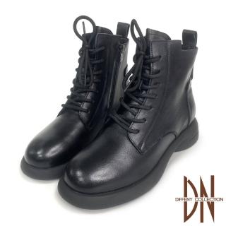 【DN】短靴_真皮素色綁帶側拉鍊厚底馬丁靴(黑)