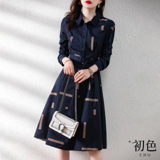 【初色】時尚氣質女神連身裙洋裝-墨藍色-90492(M-XL可選)