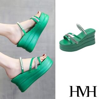 【HMH】厚底拖鞋 坡跟拖鞋 美鑽拖鞋/復古綠空美鑽珍珠帶造型坡跟厚底拖鞋(綠)