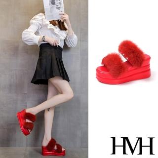 【HMH】厚底拖鞋 坡跟拖鞋 一字拖鞋/可愛毛毛一字帶坡跟厚底拖鞋(紅)