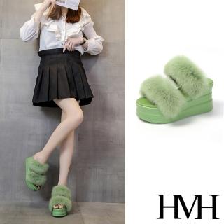 【HMH】厚底拖鞋 坡跟拖鞋 一字拖鞋/可愛毛毛一字帶坡跟厚底拖鞋(淺綠)