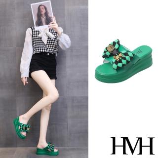 【HMH】坡跟拖鞋 縷空拖鞋/撞色格子蝴蝶結縷空造型坡跟拖鞋(綠)