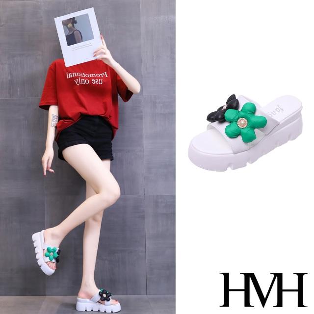 【HMH】坡跟拖鞋 撞色拖鞋/立體撞色花朵造型坡跟拖鞋(白)