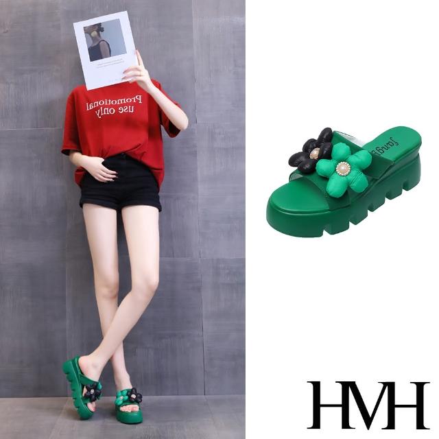 【HMH】坡跟拖鞋 撞色拖鞋/立體撞色花朵造型坡跟拖鞋(綠)