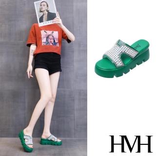 【HMH】坡跟拖鞋 厚底拖鞋 美鑽拖鞋/華麗縷空美鑽貼面造型厚底坡跟拖鞋(綠)