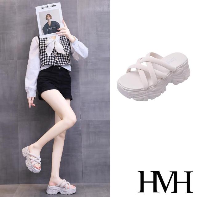 【HMH】厚底拖鞋 交叉拖鞋/個性交叉織帶造型厚底拖鞋(米)