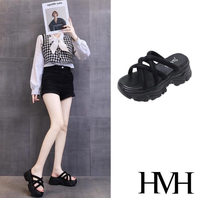 【HMH】厚底拖鞋 交叉拖鞋/個性交叉織帶造型厚底拖鞋(黑)