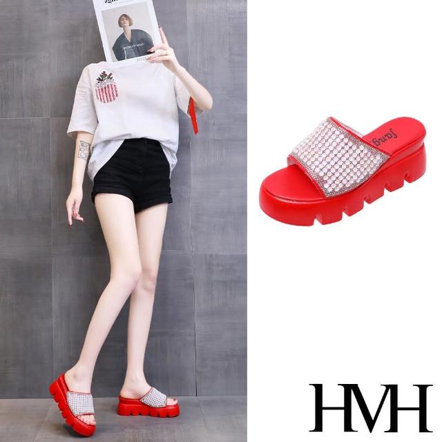 【HMH】坡跟拖鞋 厚底拖鞋 美鑽拖鞋/華麗美鑽貼面造型厚底坡跟拖鞋(紅)