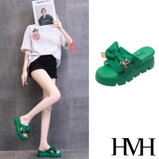 【HMH】坡跟拖鞋 厚底拖鞋 蝴蝶結拖鞋/可愛小熊胖胖蝴蝶結造型坡跟厚底拖鞋(綠)
