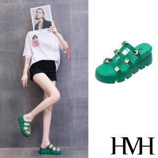 【HMH】坡跟拖鞋 厚底拖鞋 王字拖鞋/時尚金屬個性鉚釘王字帶造型坡跟厚底拖鞋(綠)