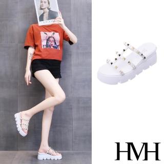 【HMH】坡跟拖鞋 厚底拖鞋 鉚釘拖鞋/金屬個性鉚釘縷空帶造型坡跟厚底拖鞋(白)
