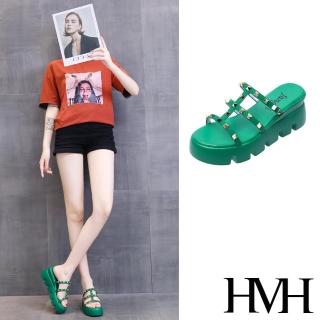 【HMH】坡跟拖鞋 厚底拖鞋 鉚釘拖鞋/金屬個性鉚釘縷空帶造型坡跟厚底拖鞋(綠)