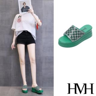 【HMH】坡跟拖鞋 厚底拖鞋 撞色拖鞋/閃耀美鑽撞色格子造型坡跟厚底拖鞋(綠)