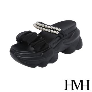 【HMH】厚底拖鞋 兩穿拖鞋/甜美珍珠鍊帶兩穿法設計厚底涼拖鞋(黑)