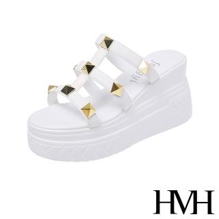 【HMH】厚底拖鞋 縷空拖鞋/立體金屬鉚釘個性縷空設計厚底拖鞋(白)