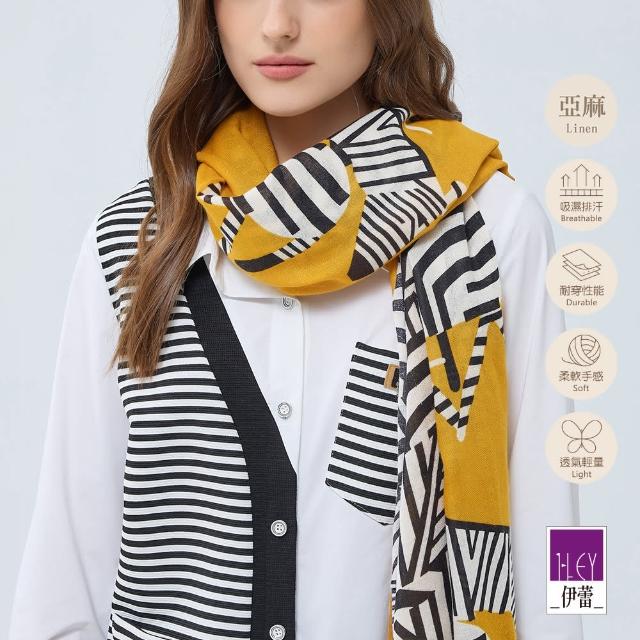 【ILEY 伊蕾】斑馬幾何亞麻織紋披肩圍巾(黃色；F；1233419201)