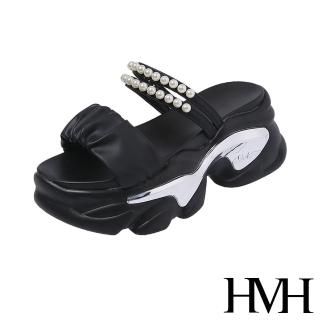【HMH】坡跟拖鞋 厚底拖鞋 兩穿拖鞋/個性優雅珍珠鍊帶兩穿法設計坡跟厚底涼拖鞋(黑)