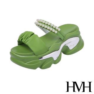 【HMH】坡跟拖鞋 厚底拖鞋 兩穿拖鞋/個性優雅珍珠鍊帶兩穿法設計坡跟厚底涼拖鞋(綠)