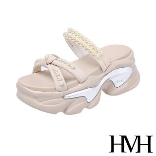 【HMH】厚底拖鞋 兩穿拖鞋/浪漫蝴蝶結珍珠鍊帶兩穿法設計厚底涼拖鞋(米)