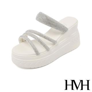 【HMH】坡跟拖鞋 厚底拖鞋 美鑽拖鞋/華麗閃耀美鑽線條坡跟厚底涼拖鞋(米)
