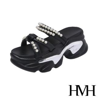 【HMH】厚底拖鞋 兩穿拖鞋/浪漫蝴蝶結珍珠鍊帶兩穿法設計厚底涼拖鞋(黑)