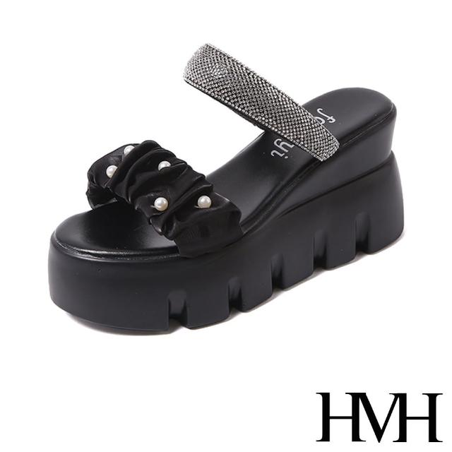 【HMH】坡跟拖鞋 厚底拖鞋 珍珠拖鞋/優雅珍珠鑽帶坡跟厚底拖鞋(黑)