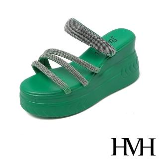 【HMH】坡跟拖鞋 厚底拖鞋 美鑽拖鞋/華麗閃耀美鑽線條坡跟厚底涼拖鞋(綠)